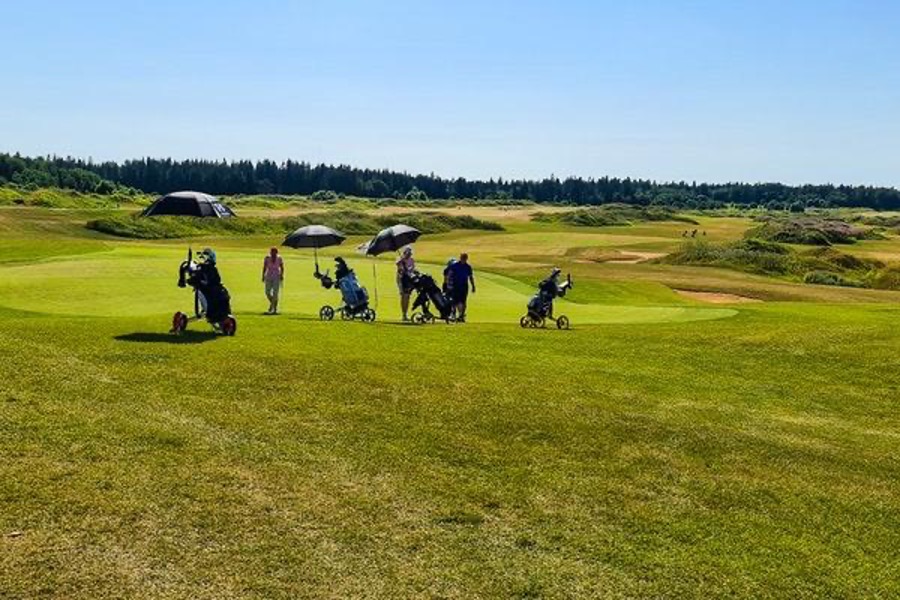 A group of players playing golf  on the golf course.