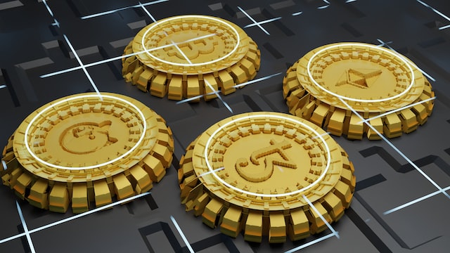 Golden bitcoins placed next to each other.