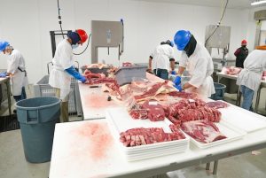 Meat Processing going on in warehouse.
