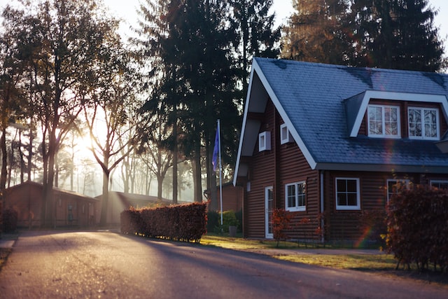 Am impressive house with slant roof.